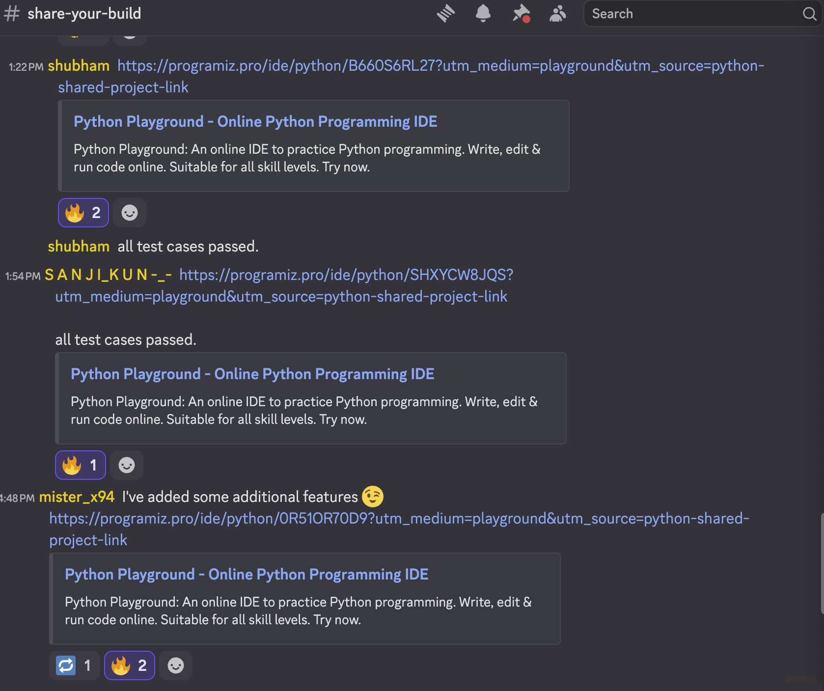Discord community chat showing builders sharing projects